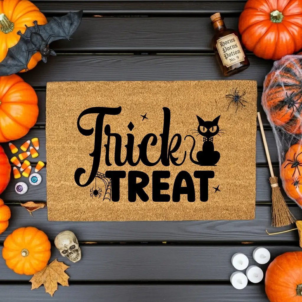 Trick or Treat Coir Doormat – Cute Black Cat Halloween Welcome Mat | Spooky Front Porch Decor | Rustic Fall Entryway Rug