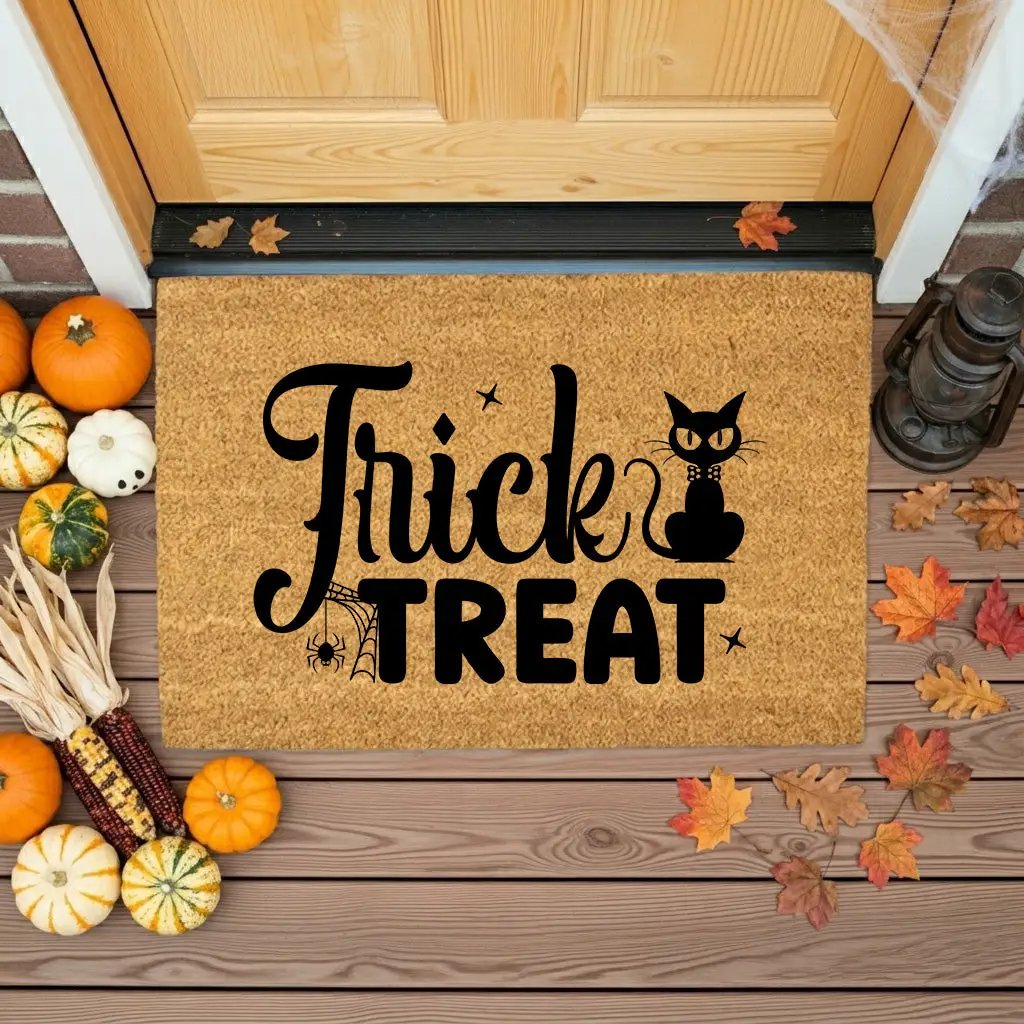 Trick or Treat Coir Doormat – Cute Black Cat Halloween Welcome Mat | Spooky Front Porch Decor | Rustic Fall Entryway Rug