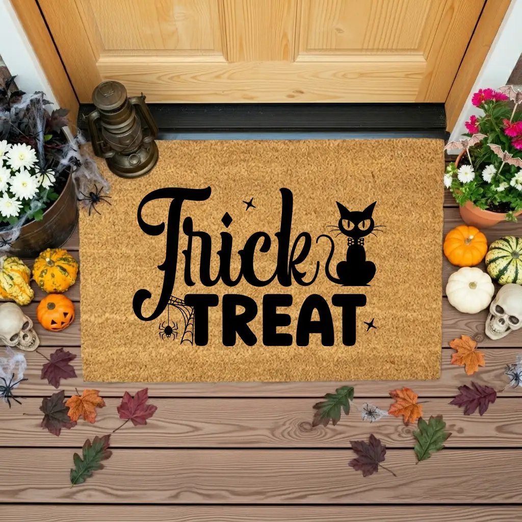 Trick or Treat Coir Doormat – Cute Black Cat Halloween Welcome Mat | Spooky Front Porch Decor | Rustic Fall Entryway Rug