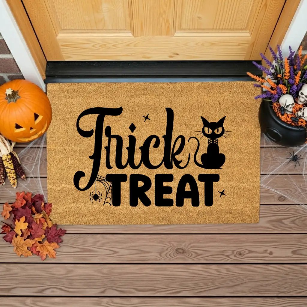 Trick or Treat Coir Doormat – Cute Black Cat Halloween Welcome Mat | Spooky Front Porch Decor | Rustic Fall Entryway Rug
