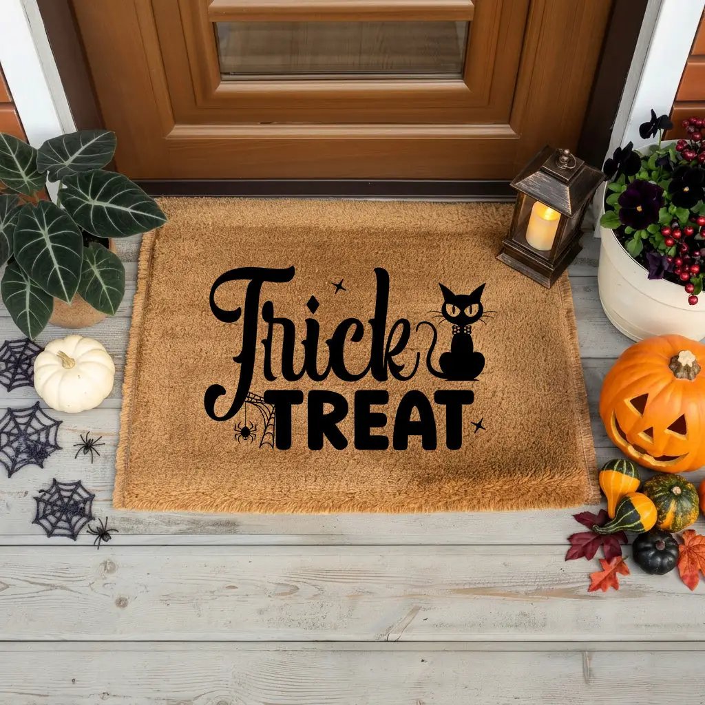 Trick or Treat Coir Doormat – Cute Black Cat Halloween Welcome Mat | Spooky Front Porch Decor | Rustic Fall Entryway Rug