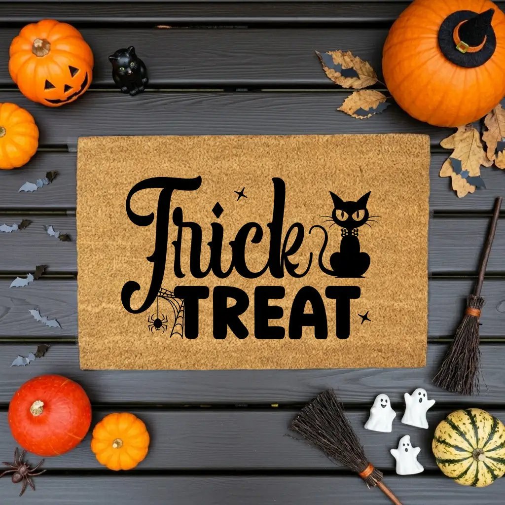 Trick or Treat Coir Doormat – Cute Black Cat Halloween Welcome Mat | Spooky Front Porch Decor | Rustic Fall Entryway Rug