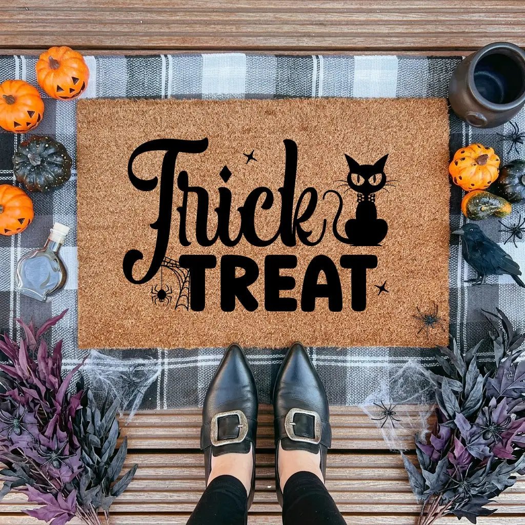 Trick or Treat Coir Doormat – Cute Black Cat Halloween Welcome Mat | Spooky Front Porch Decor | Rustic Fall Entryway Rug