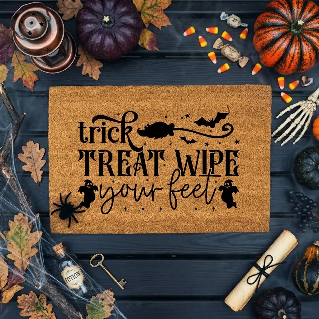Trick, Treat, Wipe Your Feet Coir Doormat – Funny Halloween Welcome Mat | Spooky Ghost and Bat Porch Decor | Rustic Fall Entryway Rug