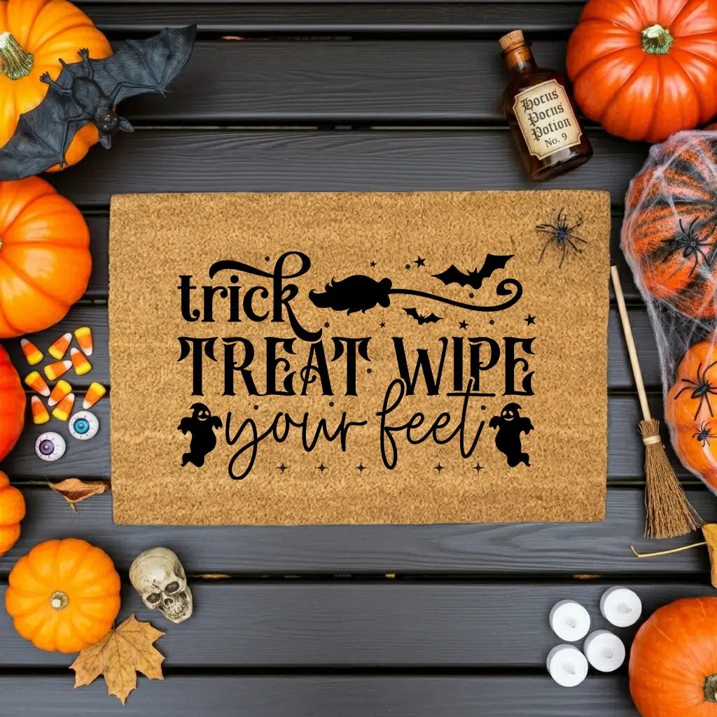 Trick, Treat, Wipe Your Feet Coir Doormat – Funny Halloween Welcome Mat | Spooky Ghost and Bat Porch Decor | Rustic Fall Entryway Rug