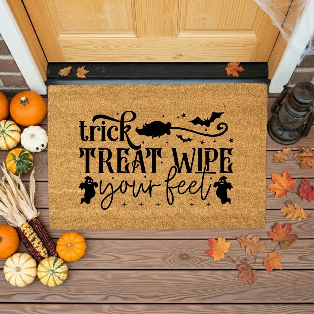 Trick, Treat, Wipe Your Feet Coir Doormat – Funny Halloween Welcome Mat | Spooky Ghost and Bat Porch Decor | Rustic Fall Entryway Rug