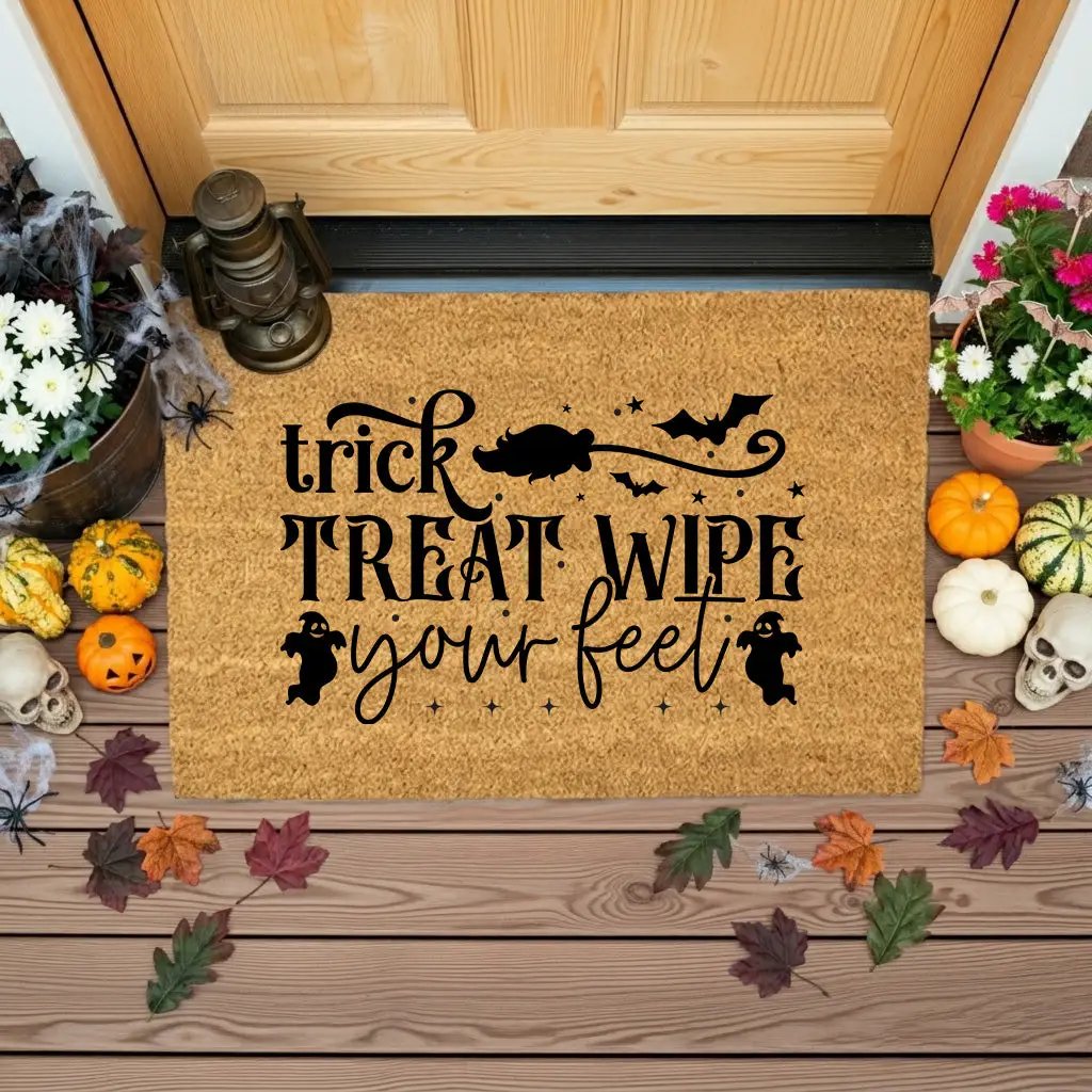 Trick, Treat, Wipe Your Feet Coir Doormat – Funny Halloween Welcome Mat | Spooky Ghost and Bat Porch Decor | Rustic Fall Entryway Rug