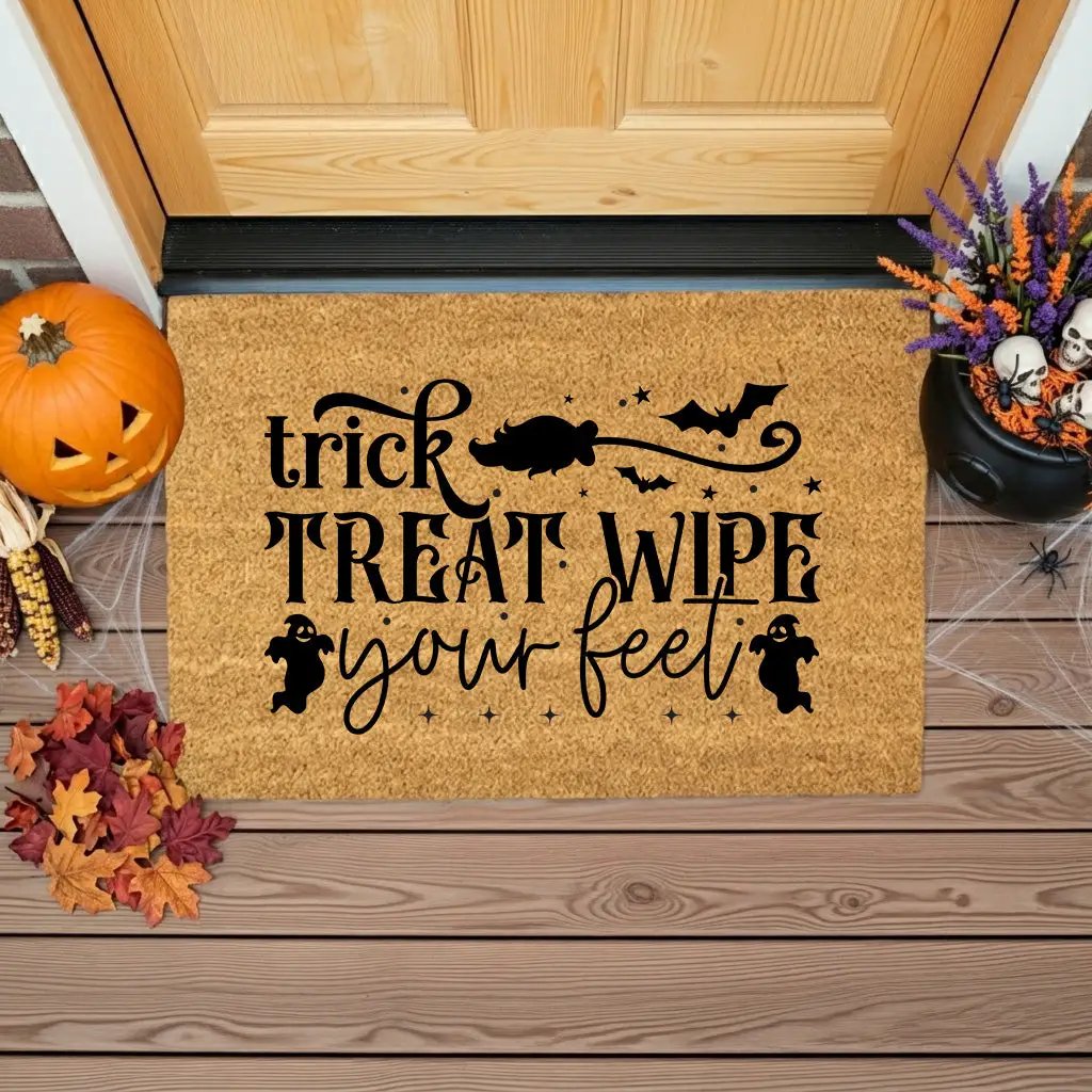 Trick, Treat, Wipe Your Feet Coir Doormat – Funny Halloween Welcome Mat | Spooky Ghost and Bat Porch Decor | Rustic Fall Entryway Rug