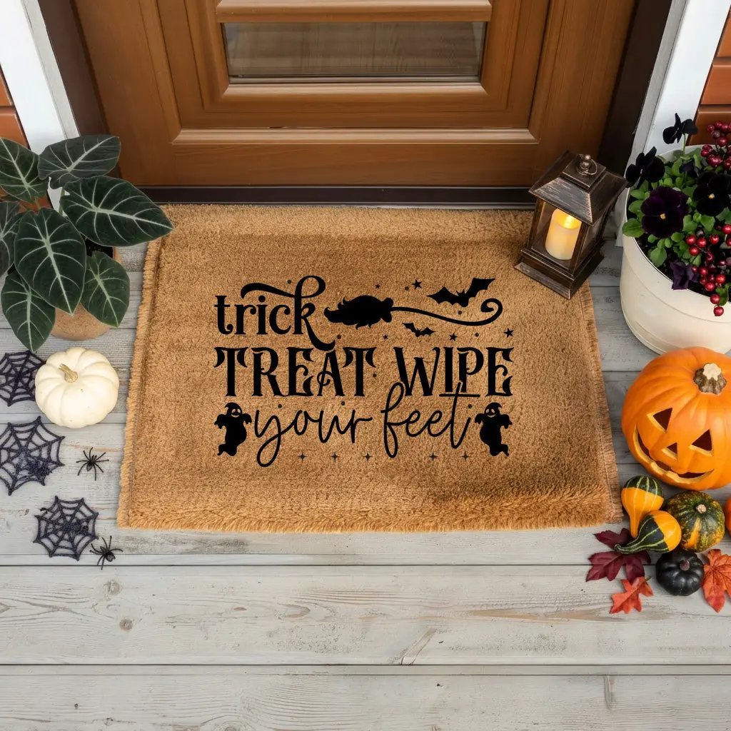Trick, Treat, Wipe Your Feet Coir Doormat – Funny Halloween Welcome Mat | Spooky Ghost and Bat Porch Decor | Rustic Fall Entryway Rug