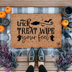 Trick, Treat, Wipe Your Feet Coir Doormat – Funny Halloween Welcome Mat | Spooky Ghost and Bat Porch Decor | Rustic Fall Entryway Rug