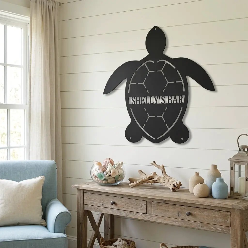 Personalized Sea Turtle Metal Wall Art – Custom Beach Name Sign – Coastal Decor – Ocean Wall Art