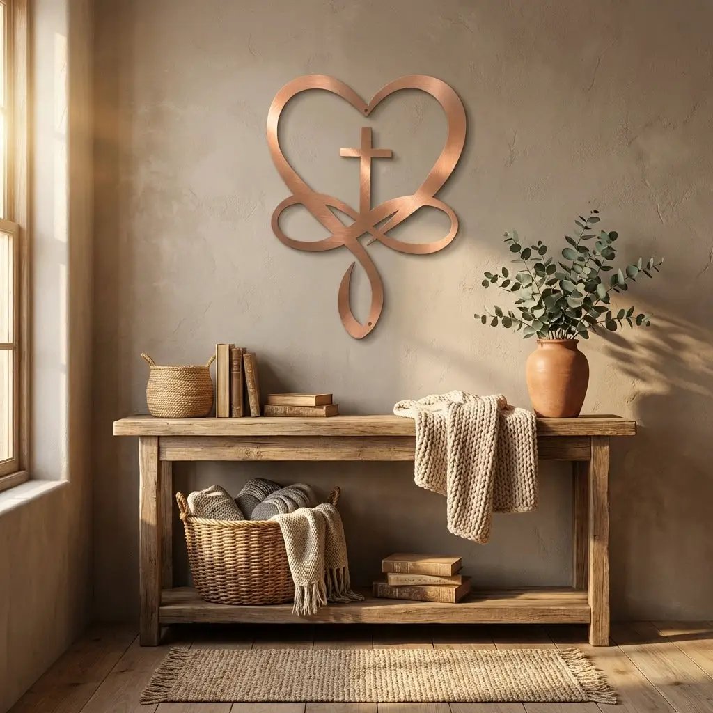 Love Infinity Cross Metal Wall Art – Christian Faith Decor, Heart Cross Sign, Religious Home Decor, Laser Cut Steel Wall Hanging, Gift for Christian Family