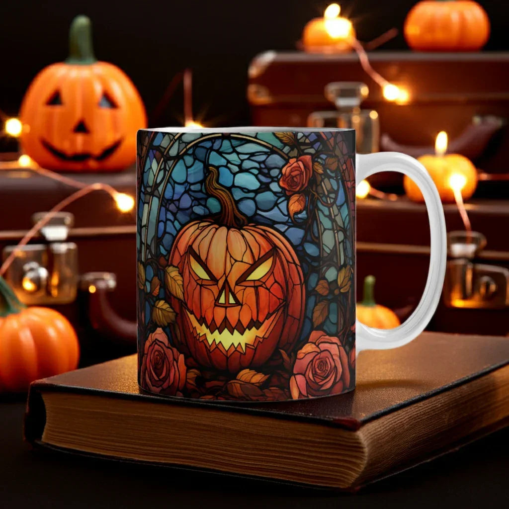 Stained Glass Pumpkin Halloween Mug – Vibrant Jack-O'-Lantern Coffee Cup | Fall Drinkware