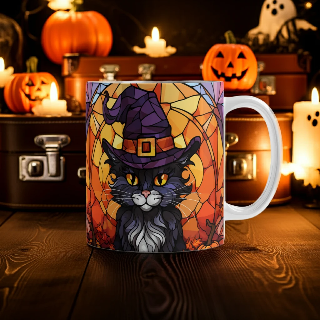 Halloween Black Cat Witch Stained Glass Mug – Spooky Fall Coffee Cup for Cat Lovers | Mallard Moon Gift Shop