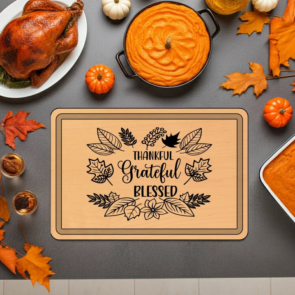 Engraved Wooden Cutting Board, Thankful Grateful Blessed Kitchen Decor, Personalized Gift for Thanksgiving, Wedding, Housewarming