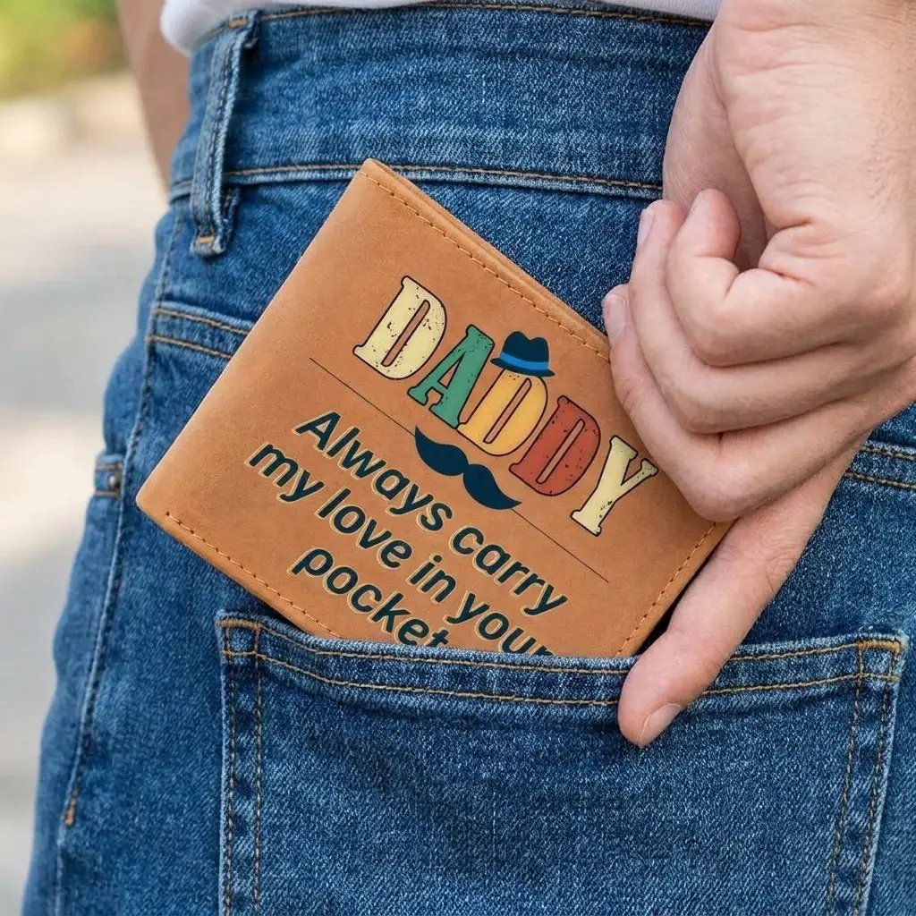 Daddy Leather Wallet – “Always Carry My Love in Your Pocket” – Sentimental Gift for Dad from Kids, Father’s Day Gift, Husband Wallet