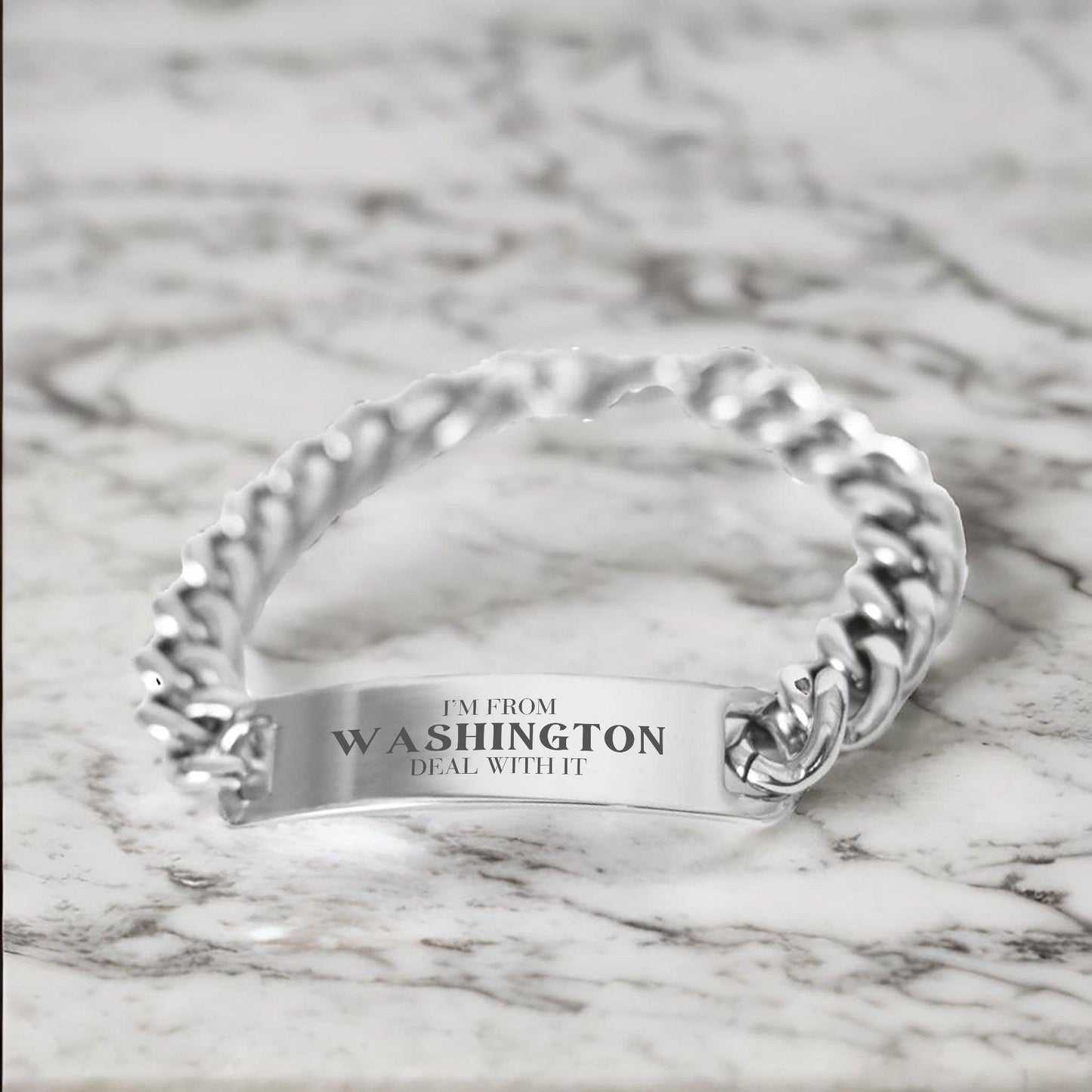 I'm from Washington, Deal with it, Proud Washington State Gifts, Washington Cuban Chain Stainless Steel Bracelet Gift Idea, Christmas Gifts for Washington People, Coworkers, Colleague - Mallard Moon Gift Shop