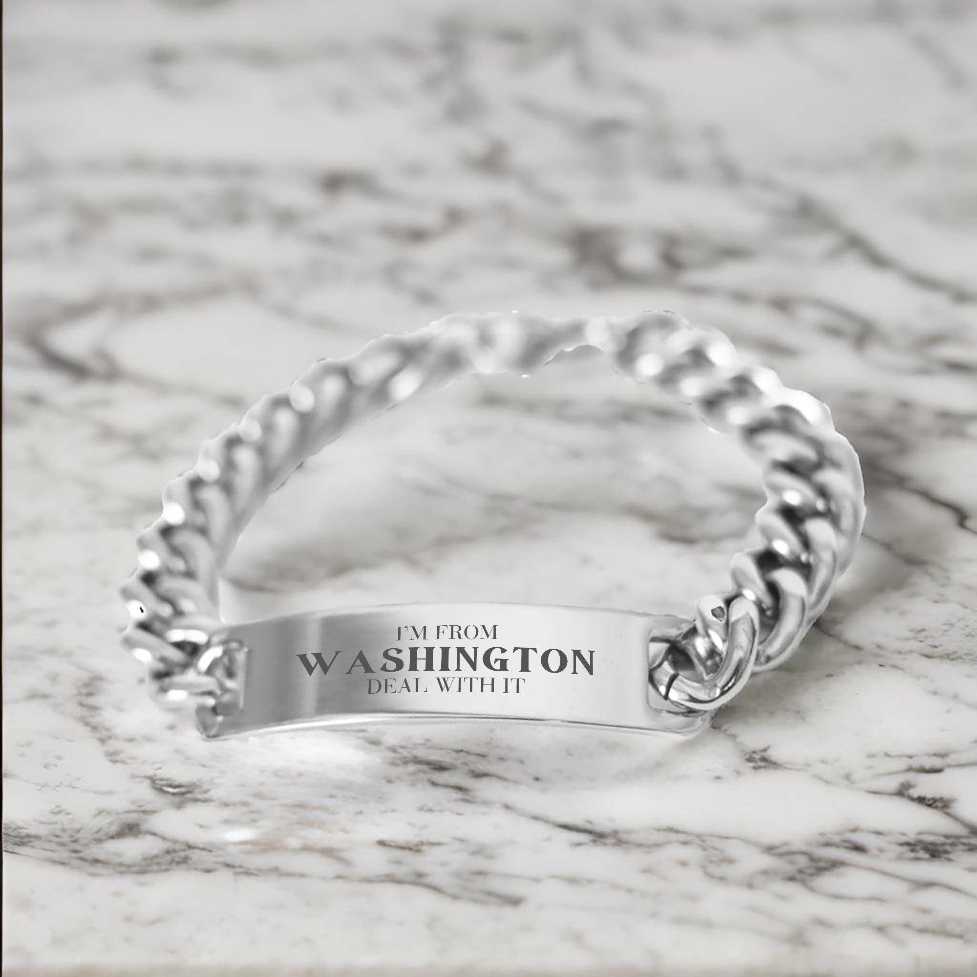 I'm from Washington, Deal with it, Proud Washington State Gifts, Washington Cuban Chain Stainless Steel Bracelet Gift Idea, Christmas Gifts for Washington People, Coworkers, Colleague - Mallard Moon Gift Shop