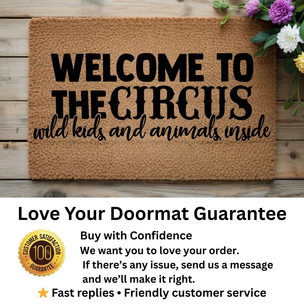 Welcome to the Circus Funny Family Doormat | Wild Kids and Animals Inside | Humorous Coir Welcome Mat for Busy Homes