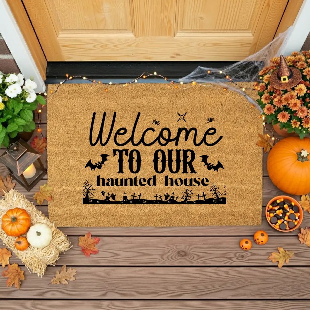 Welcome to Our Haunted House Coir Doormat – Spooky Halloween Welcome Mat | Rustic Haunted Porch Decor | Funny Fall Entryway Rug