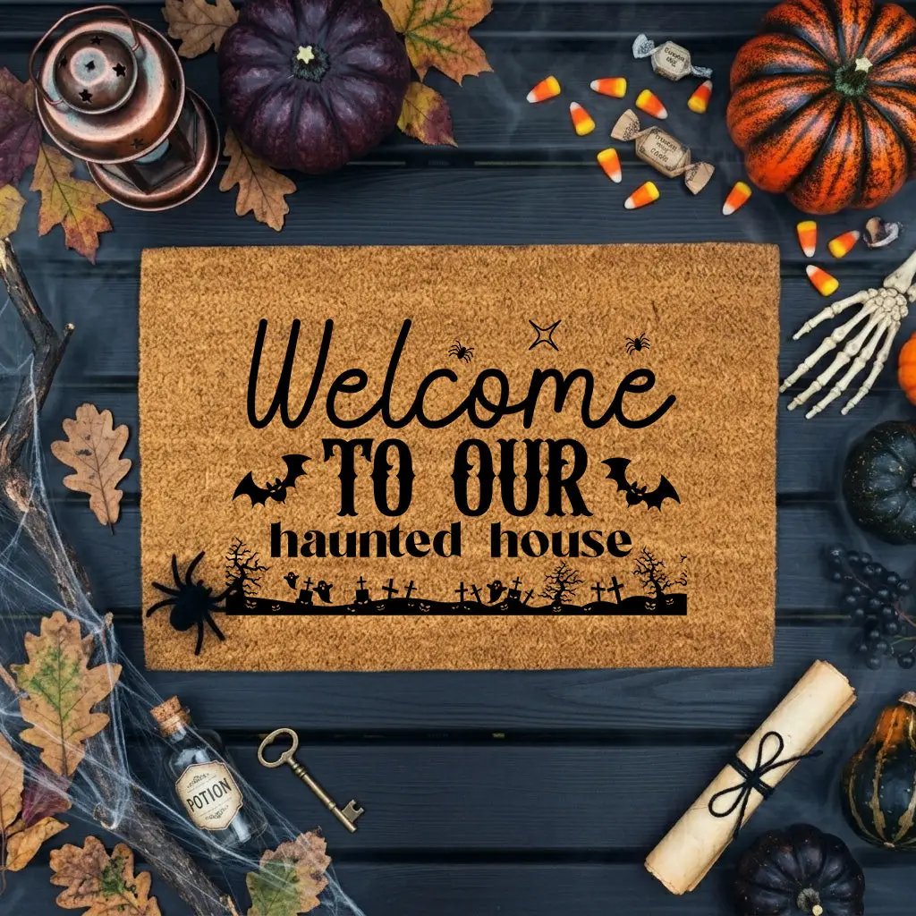 Welcome to Our Haunted House Coir Doormat – Spooky Halloween Welcome Mat | Rustic Haunted Porch Decor | Funny Fall Entryway Rug
