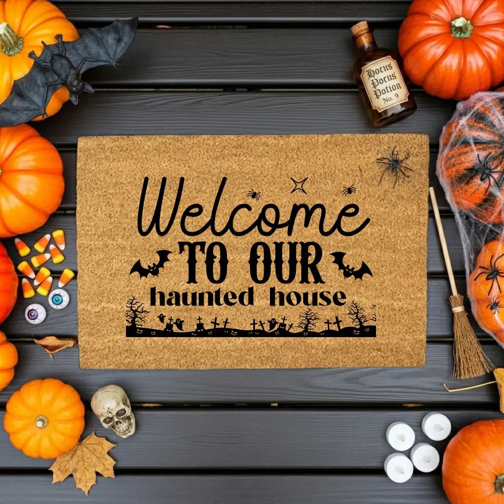 Welcome to Our Haunted House Coir Doormat – Spooky Halloween Welcome Mat | Rustic Haunted Porch Decor | Funny Fall Entryway Rug