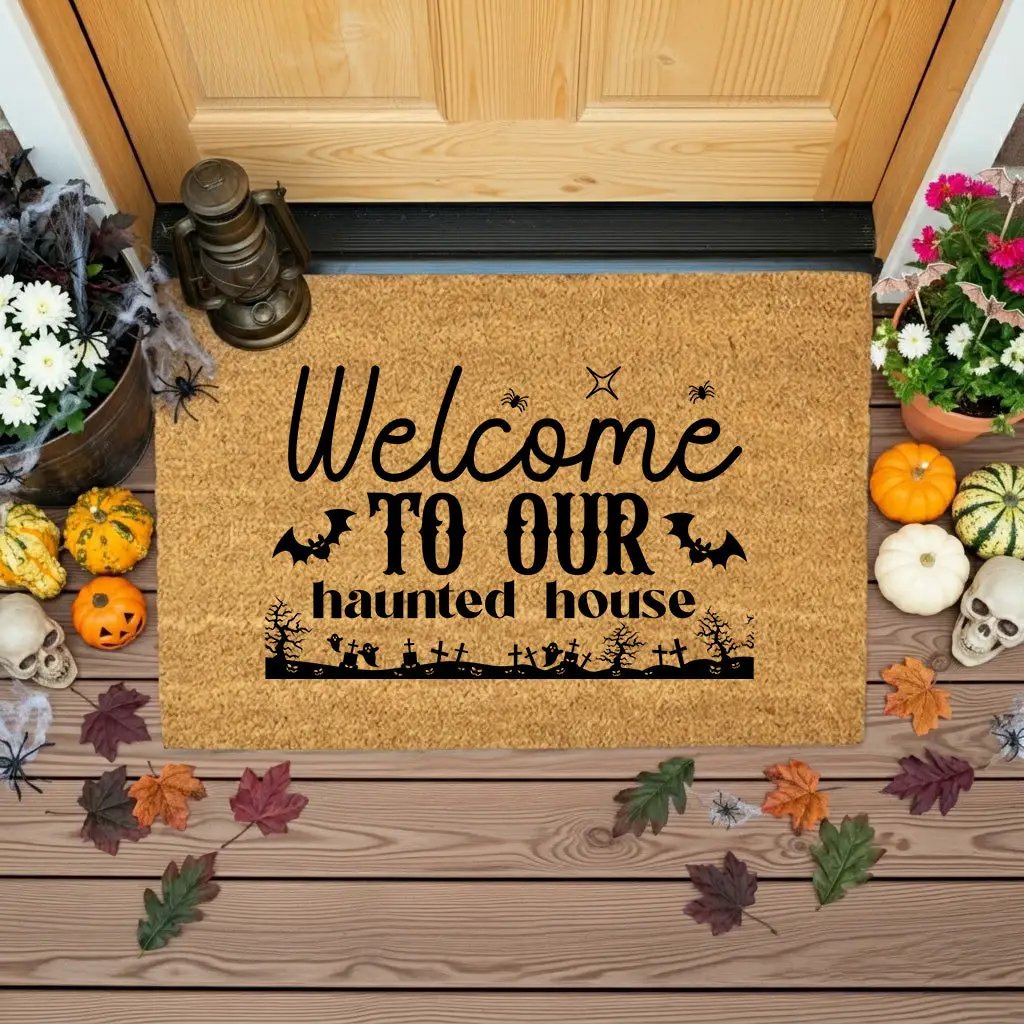 Welcome to Our Haunted House Coir Doormat – Spooky Halloween Welcome Mat | Rustic Haunted Porch Decor | Funny Fall Entryway Rug