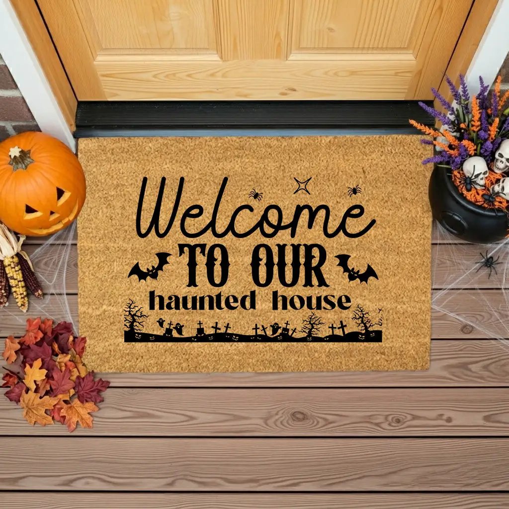 Welcome to Our Haunted House Coir Doormat – Spooky Halloween Welcome Mat | Rustic Haunted Porch Decor | Funny Fall Entryway Rug