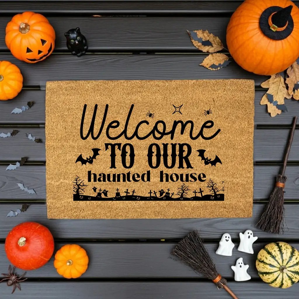Welcome to Our Haunted House Coir Doormat – Spooky Halloween Welcome Mat | Rustic Haunted Porch Decor | Funny Fall Entryway Rug