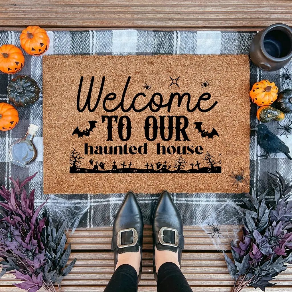 Welcome to Our Haunted House Coir Doormat – Spooky Halloween Welcome Mat | Rustic Haunted Porch Decor | Funny Fall Entryway Rug