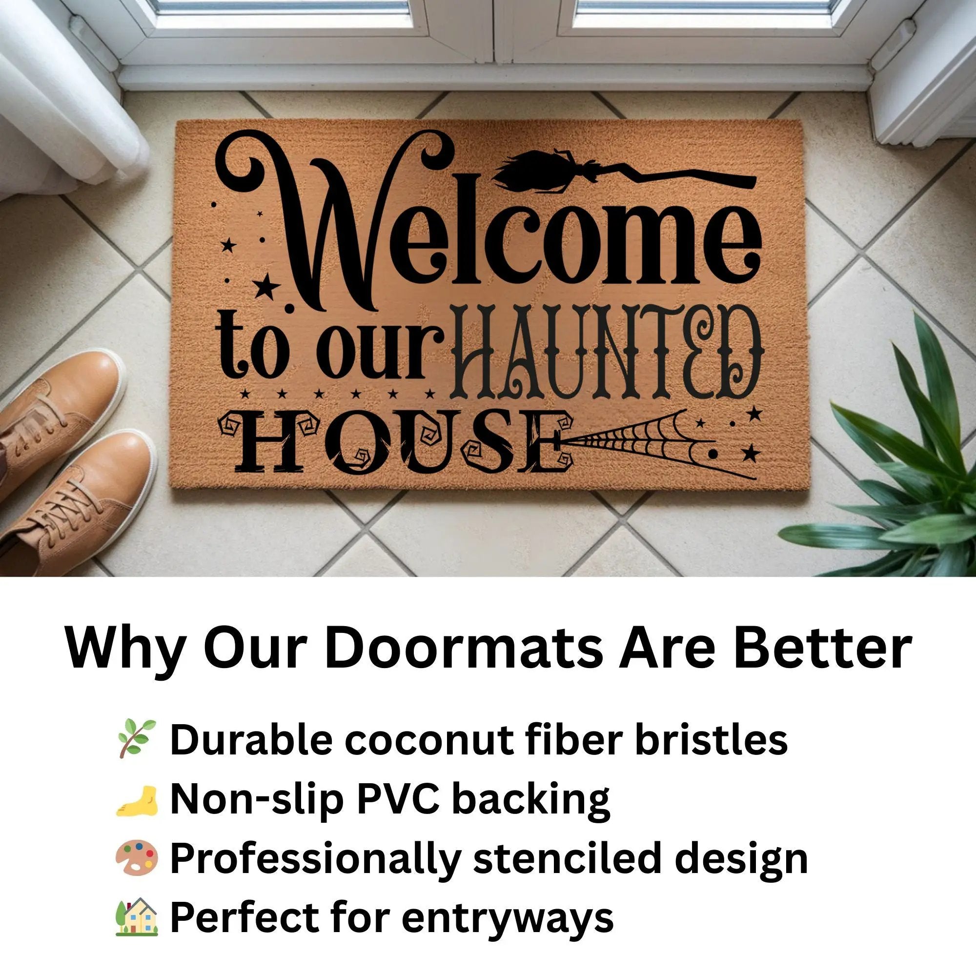 Welcome to Our Haunted House Coir Doormat – Witchy Halloween Welcome Mat | Spooky Fall Front Porch Decor | Rustic Farmhouse Entry Rug