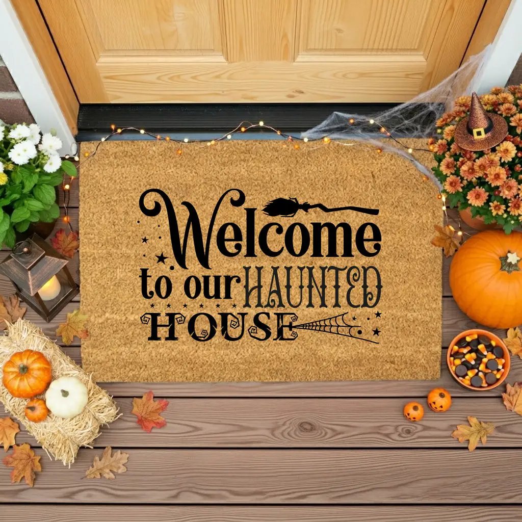 Welcome to Our Haunted House Coir Doormat – Witchy Halloween Welcome Mat | Spooky Fall Front Porch Decor | Rustic Farmhouse Entry Rug