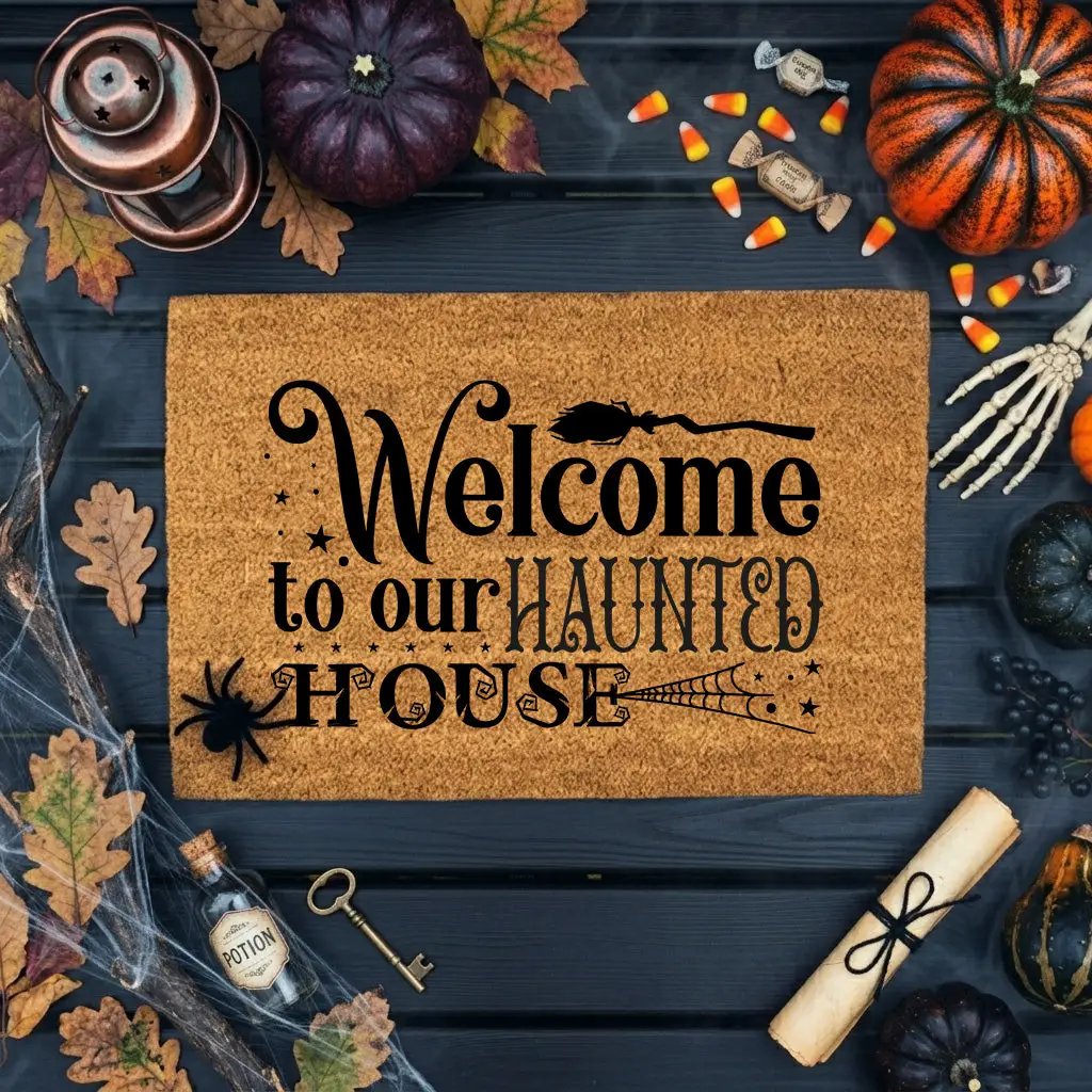 Welcome to Our Haunted House Coir Doormat – Witchy Halloween Welcome Mat | Spooky Fall Front Porch Decor | Rustic Farmhouse Entry Rug