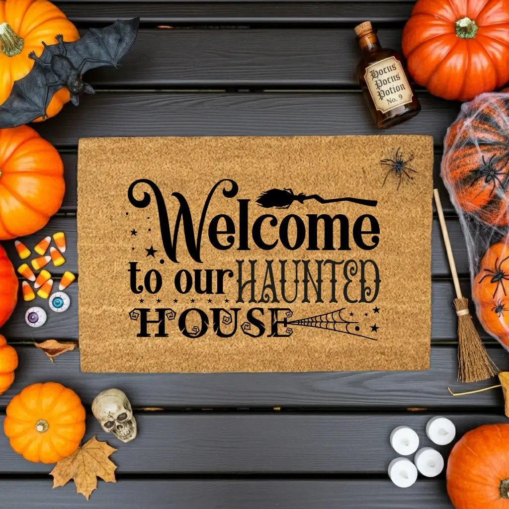 Welcome to Our Haunted House Coir Doormat – Witchy Halloween Welcome Mat | Spooky Fall Front Porch Decor | Rustic Farmhouse Entry Rug