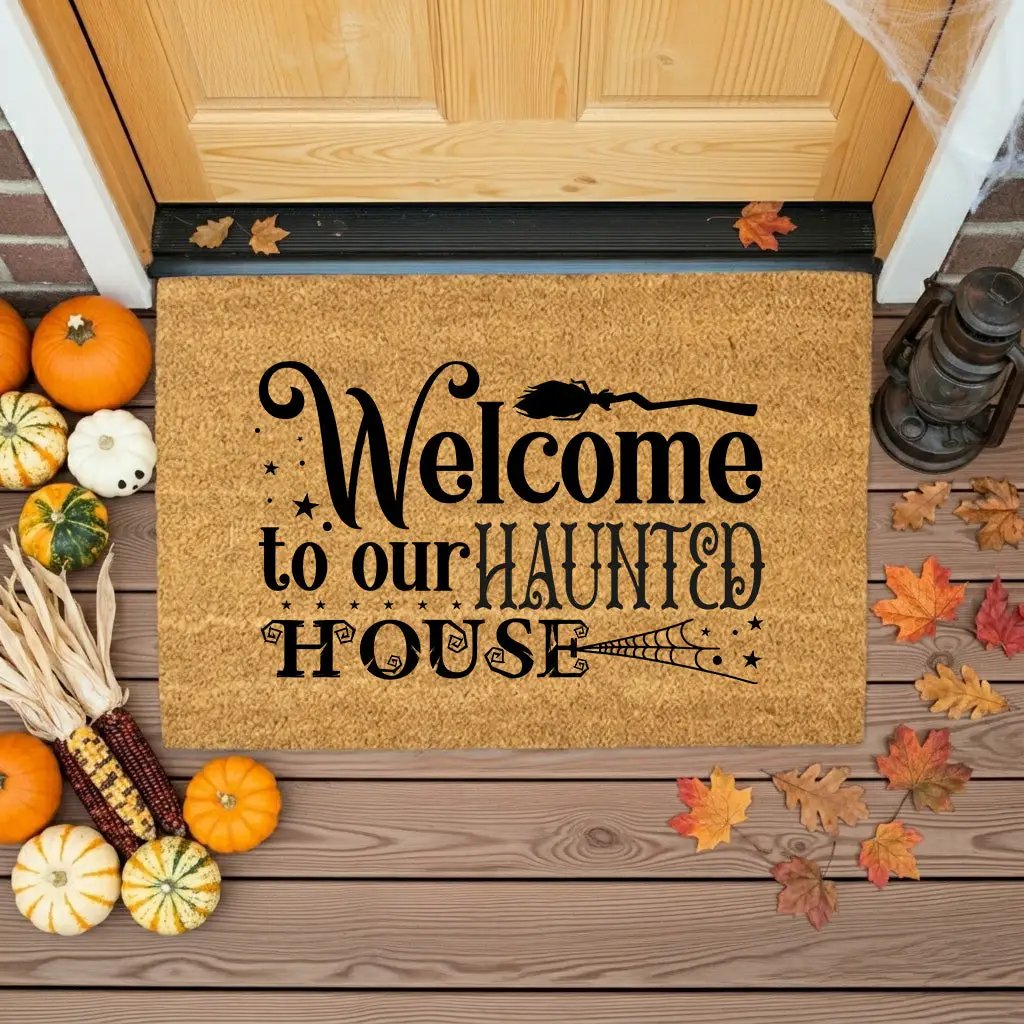 Welcome to Our Haunted House Coir Doormat – Witchy Halloween Welcome Mat | Spooky Fall Front Porch Decor | Rustic Farmhouse Entry Rug