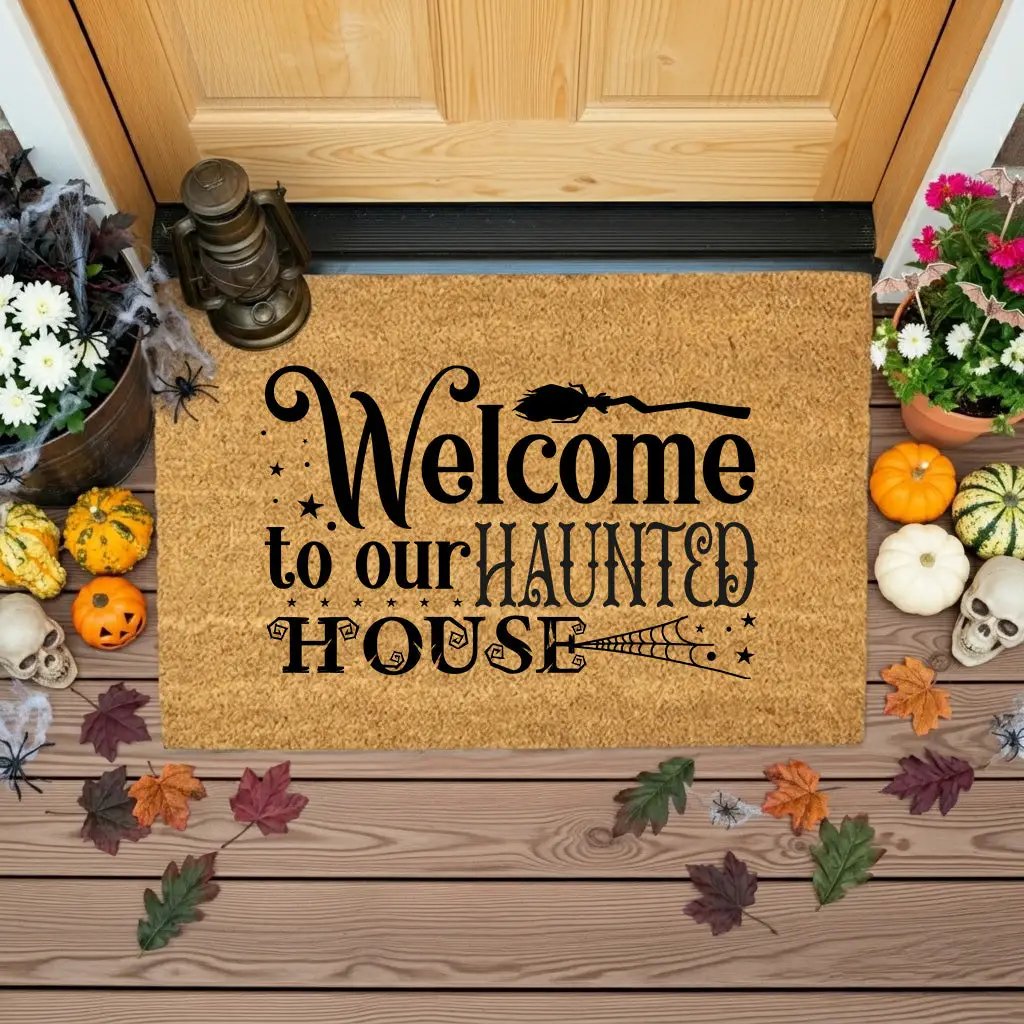 Welcome to Our Haunted House Coir Doormat – Witchy Halloween Welcome Mat | Spooky Fall Front Porch Decor | Rustic Farmhouse Entry Rug