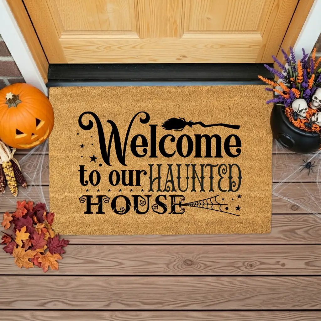 Welcome to Our Haunted House Coir Doormat – Witchy Halloween Welcome Mat | Spooky Fall Front Porch Decor | Rustic Farmhouse Entry Rug