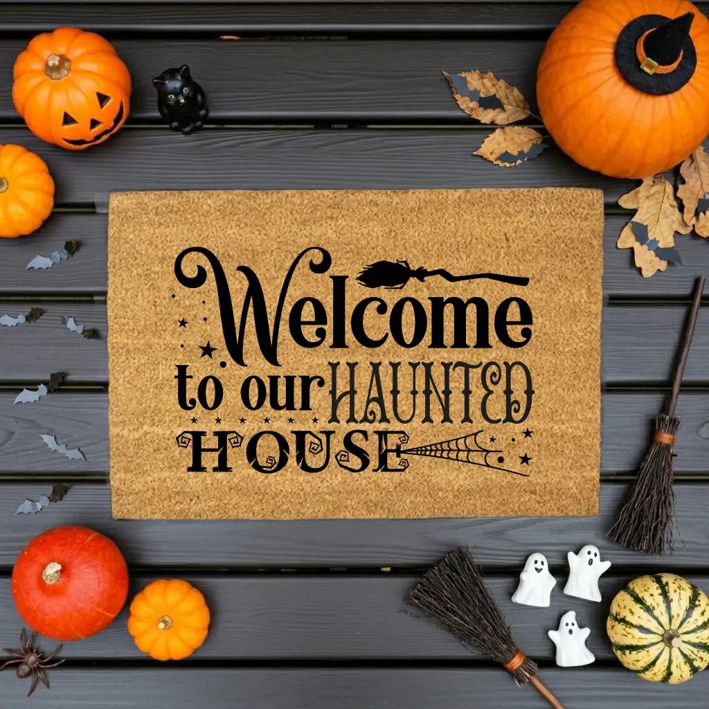Welcome to Our Haunted House Coir Doormat – Witchy Halloween Welcome Mat | Spooky Fall Front Porch Decor | Rustic Farmhouse Entry Rug