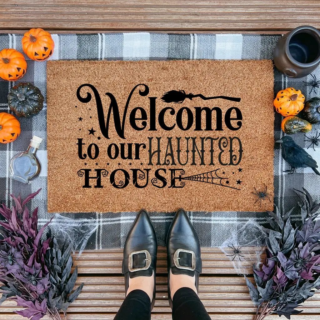 Welcome to Our Haunted House Coir Doormat – Witchy Halloween Welcome Mat | Spooky Fall Front Porch Decor | Rustic Farmhouse Entry Rug