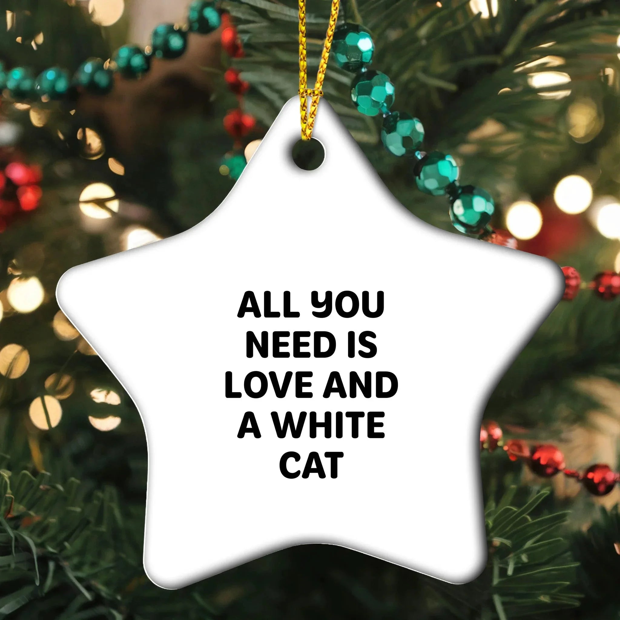 White Cat Love Gifts for Cat Lovers - Unique Christmas Unique Gifts from You to Him/Her - All You Need is Love and A White Cat Star Ornament
