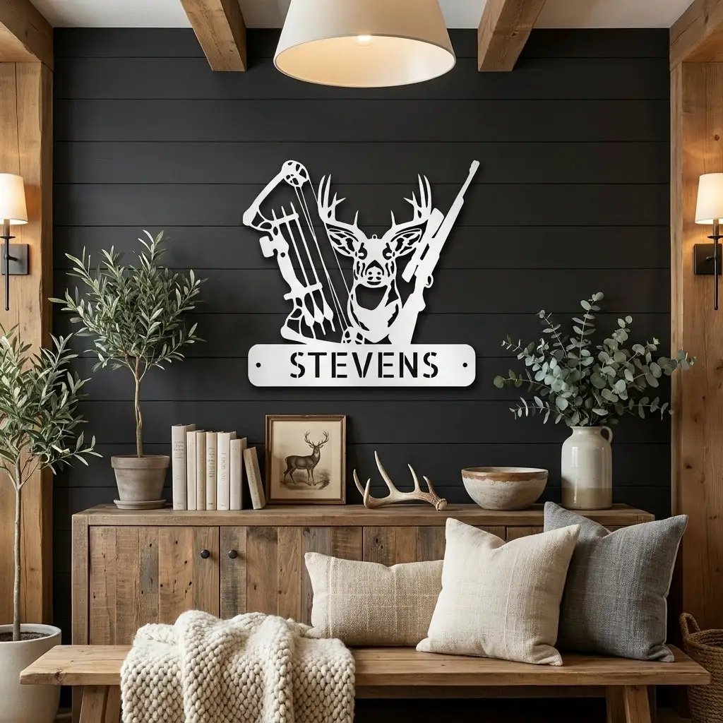Personalized Deer Hunting Metal Wall Art Custom Hunter Name Sign Buck Head Bow Rifle Decor Rustic Cabin Hunting Gift Outdoor Wall Decor