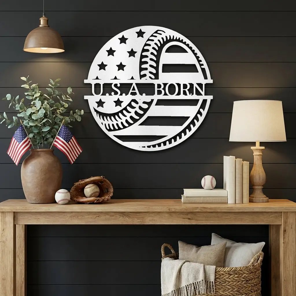 Baseball American Flag Custom Name Metal Art Wall Sign