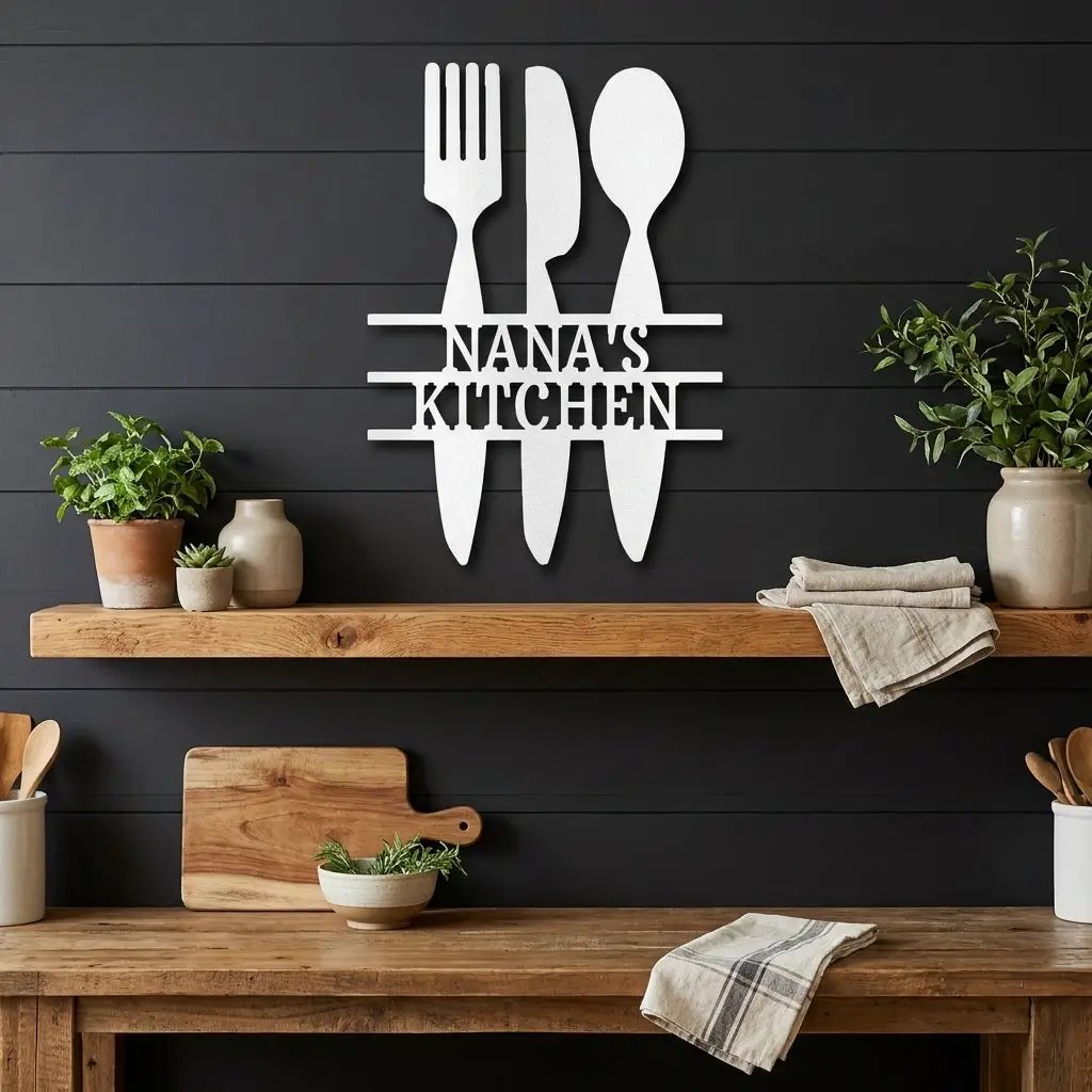 Personalized Kitchen Metal Sign – Farmhouse Kitchen Utensils Custom Name Sign