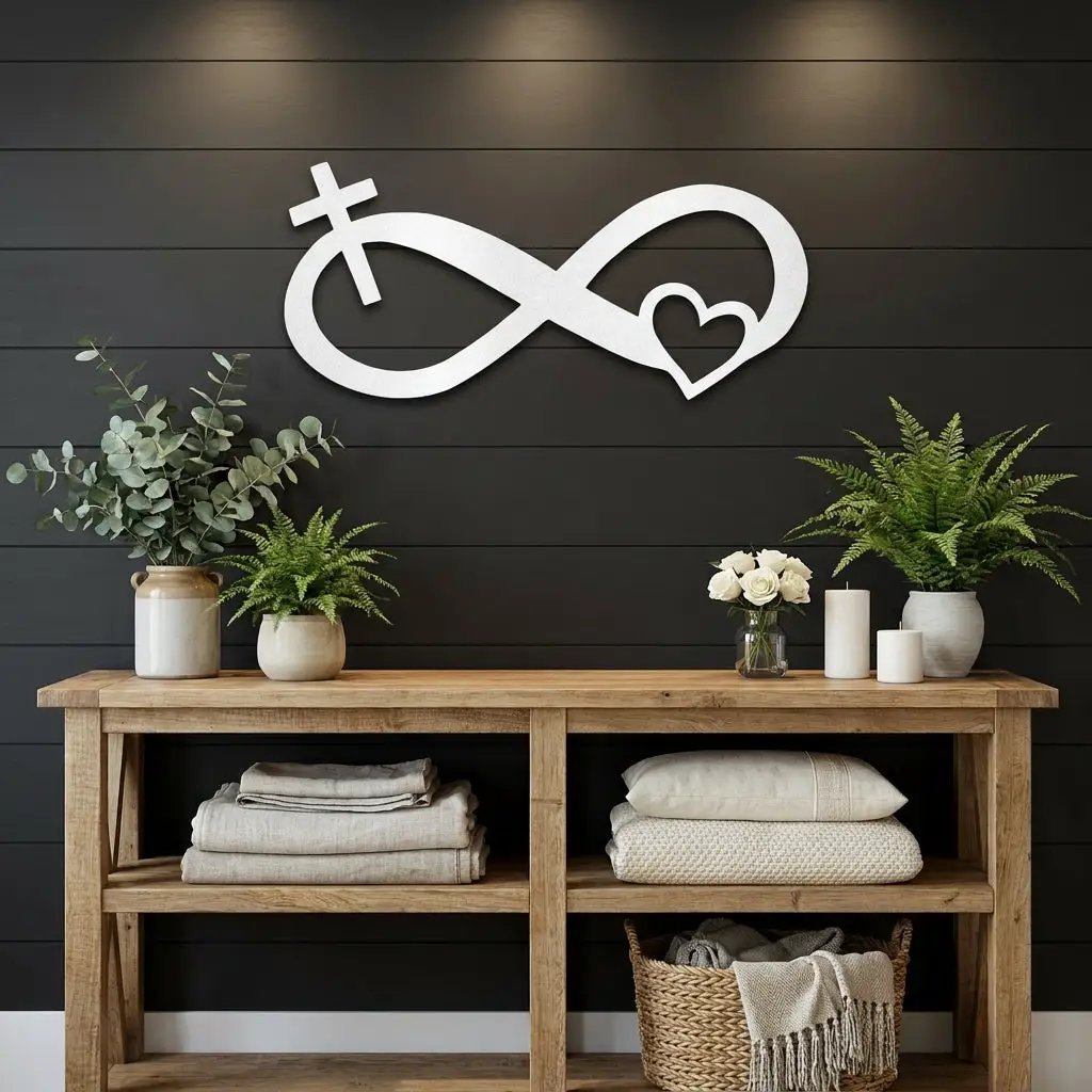 Infinity Cross and Heart Metal Wall Art – Christian Faith Inspired Indoor/Outdoor Sign – Laser Cut Powder-Coated Steel, Elegant Religious Home Décor (Multiple Sizes & Colors)