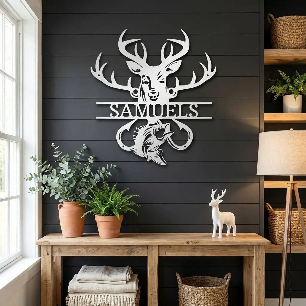 Outdoorsman Custom Metal Wall Art Deer Hunting and Bass Fishing Sign Custom Name Rustic Cabin Decor Hunter Fisherman Gift