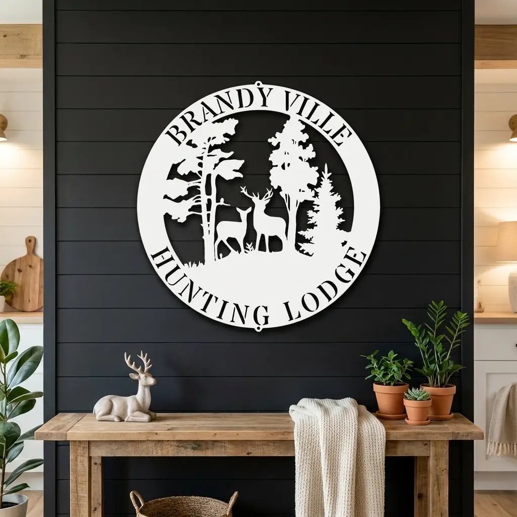 Personalized Deer Couple Metal Wall Art Custom Family Name Sign Hunting Lodge Decor Buck Doe Forest Scene Rustic Outdoor Wall Hanging