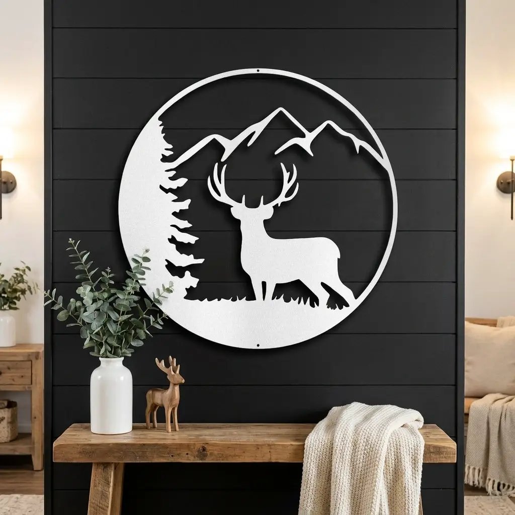 Deer Mountain Metal Wall Art – Rustic Wildlife Circle Sign – Forest & Cabin Lodge Decor – Stag Silhouette Steel Wall Hanging