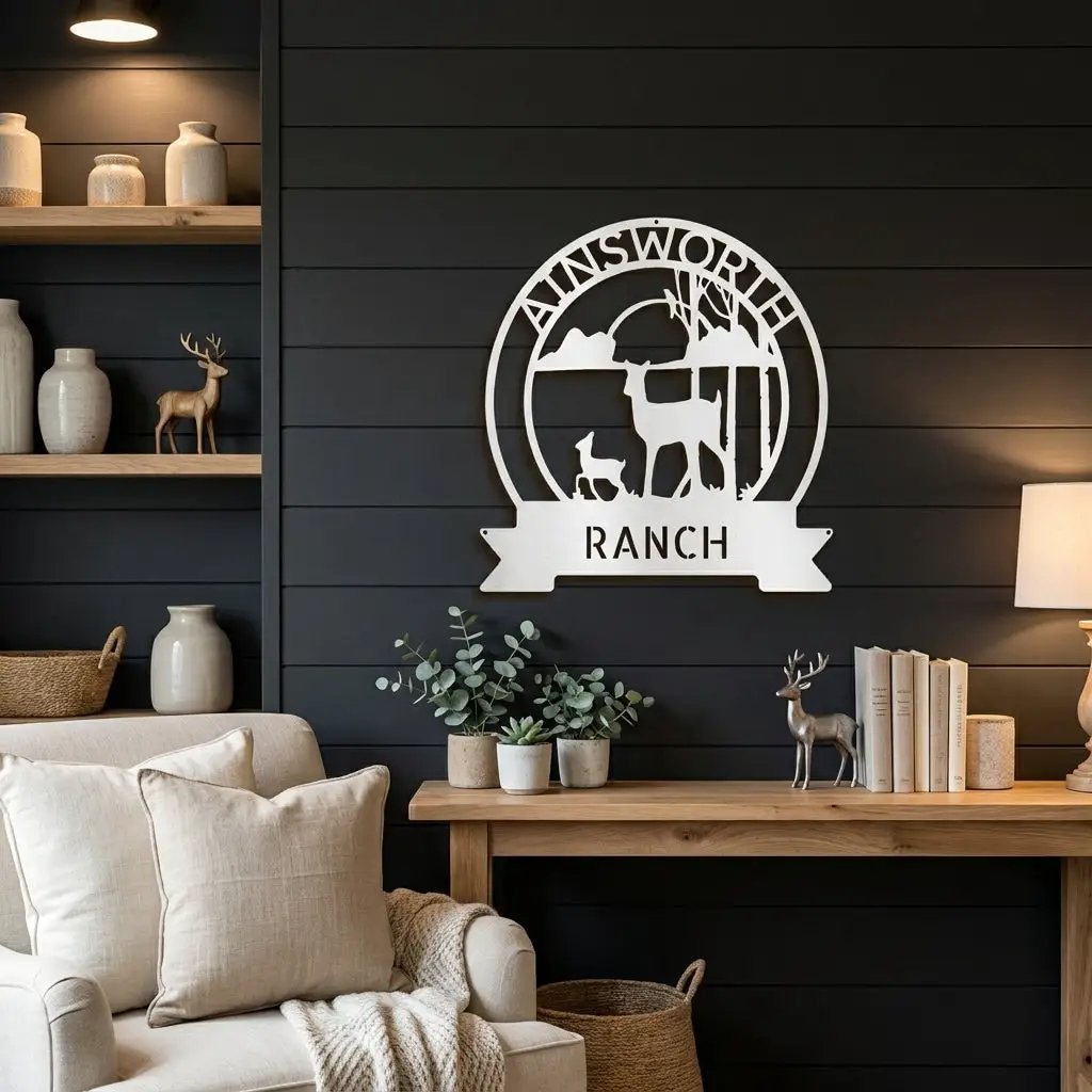 Personalized Deer Ranch Metal Sign – Doe & Fawn Sunset Wall Art – Custom Family Name & Ranch Name Sign – Rustic Farmhouse Lodge Decor