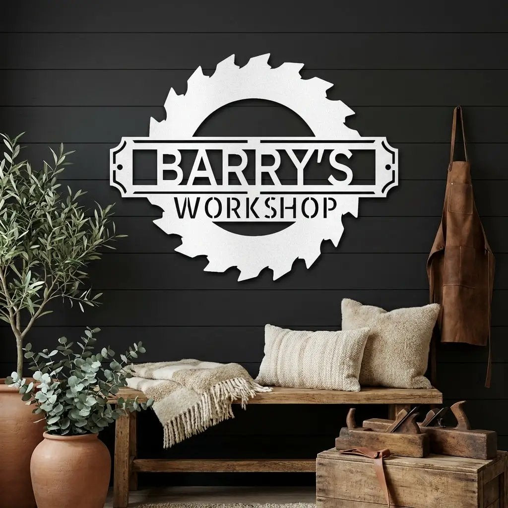 Workshop Personalized Metal Sign, Custom Saw Blade Sign, Garage Wall Decor