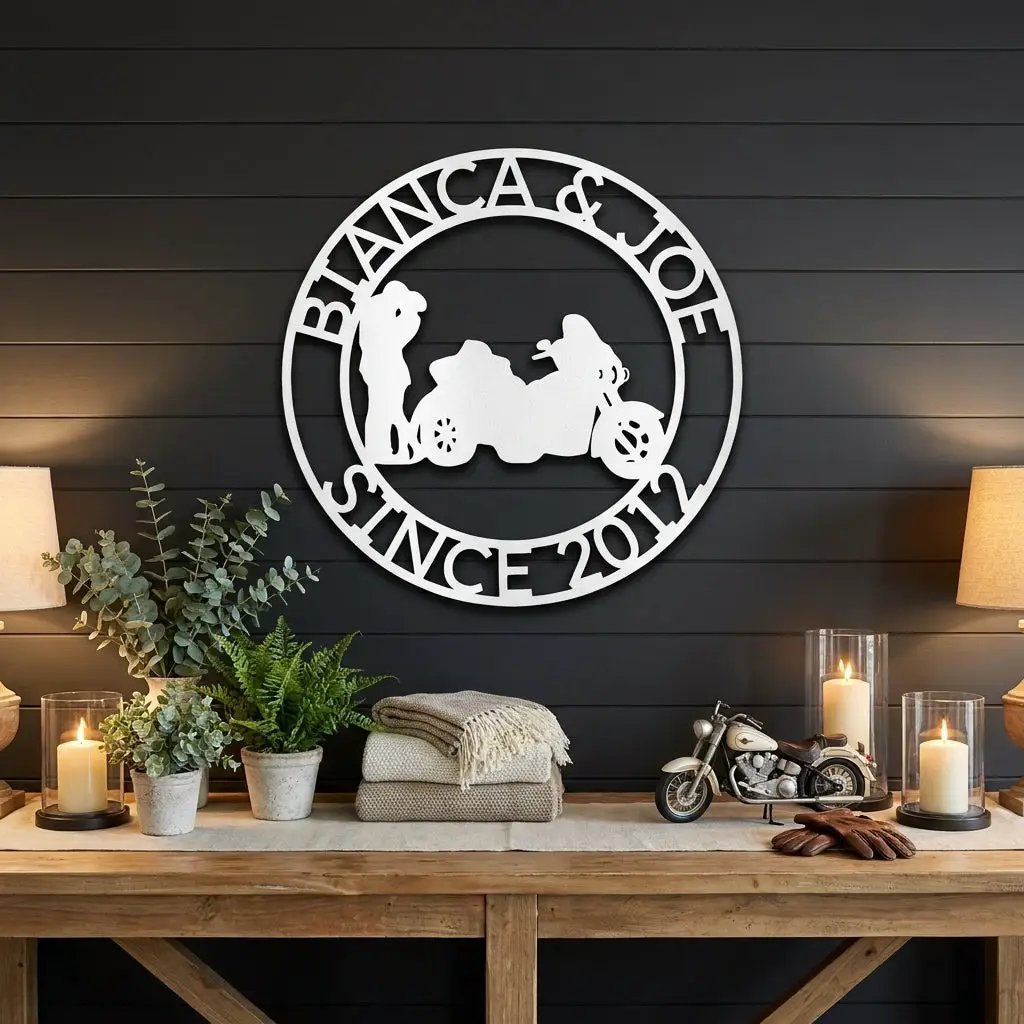 Personalized Couples Motorcycle Trike Metal Wall Art – Custom Names & Date Biker Sign – Anniversary Gift for Couples, Man Cave Garage Decor